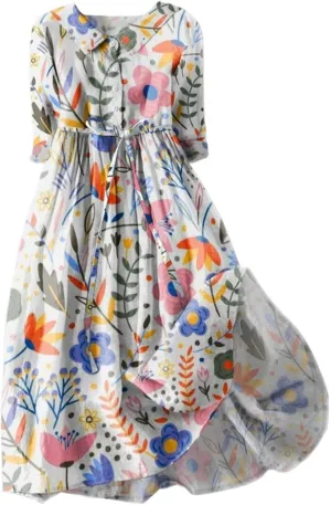 Ceboyel Women 2024 Floral Casual Summer Dresses Boho Cottagecore Dress Linen Long Maxi Dresses Trendy Beach Vacation Clothes
