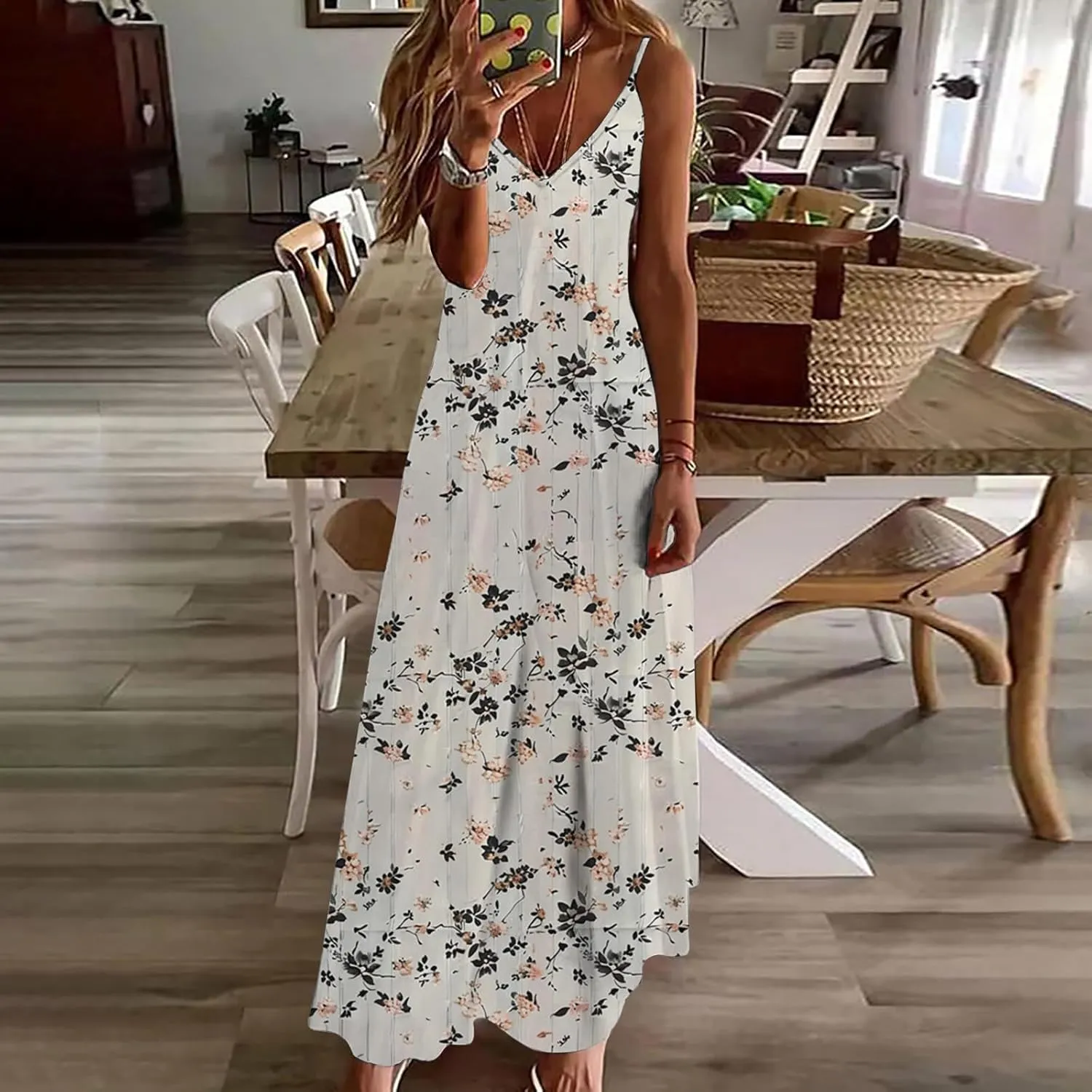 Ceboyel Women 2024 Spaghetti Strap Maxi Dress Trendy Summer Vacation Sundresses Boho Beach Sun Dresses Casual Resort Clothes