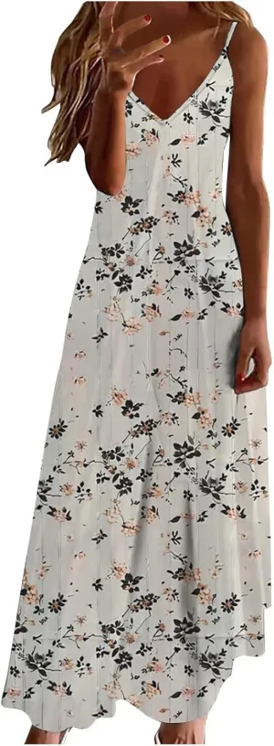 Ceboyel Women 2024 Spaghetti Strap Maxi Dress Trendy Summer Vacation Sundresses Boho Beach Sun Dresses Casual Resort Clothes