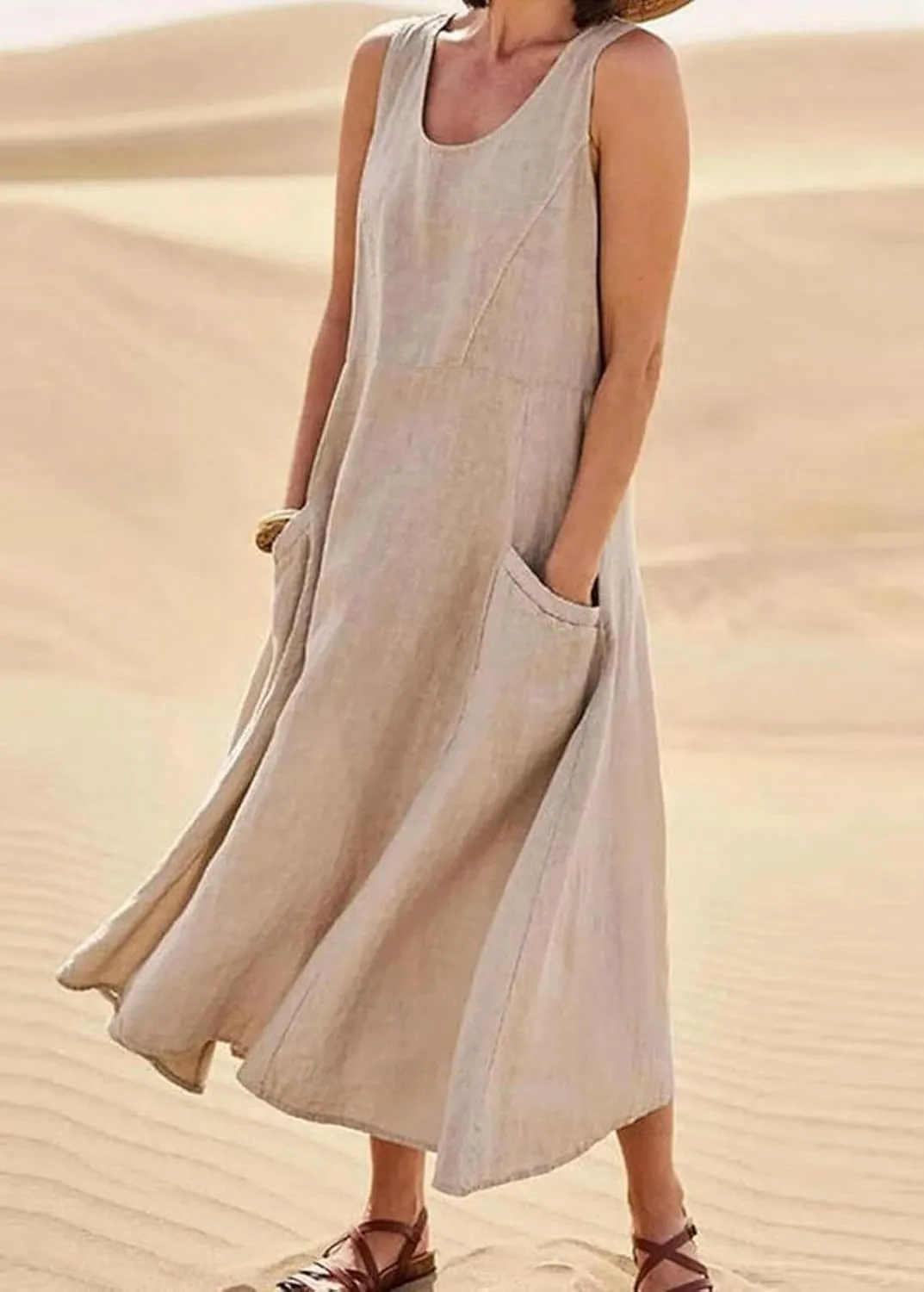 CHARTOU Women Summer Cotton Linen Tank Maxi Dress Flowy Boho Beach Sundress Swing Long Sleeveless Tunic Dress with Pockets