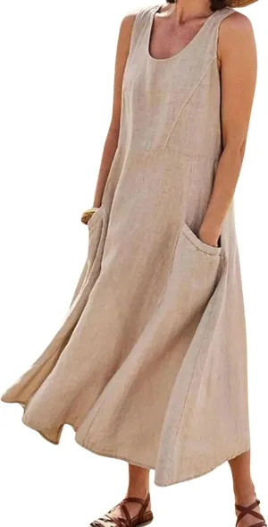 CHARTOU Women Summer Cotton Linen Tank Maxi Dress Flowy Boho Beach Sundress Swing Long Sleeveless Tunic Dress with Pockets