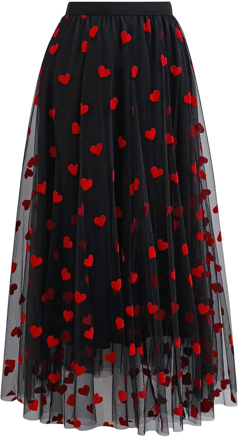 CHICWISH Women Valentines 3D Red Heart Print Mesh Tulle Midi Skirt Elastic High Waist A-Line Cute Flowy Holiday Skirt