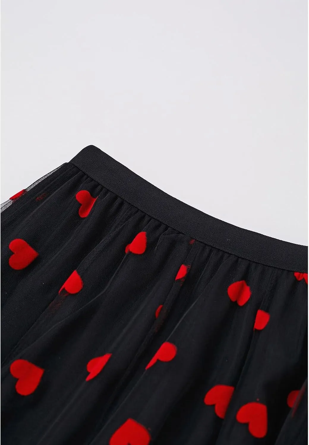 CHICWISH Women Valentines 3D Red Heart Print Mesh Tulle Midi Skirt Elastic High Waist A-Line Cute Flowy Holiday Skirt