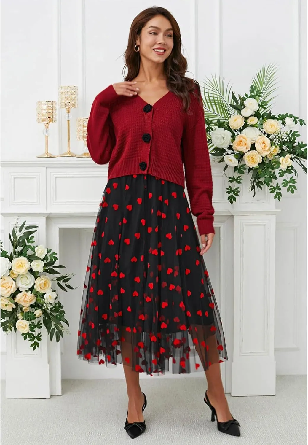 CHICWISH Women Valentines 3D Red Heart Print Mesh Tulle Midi Skirt Elastic High Waist A-Line Cute Flowy Holiday Skirt