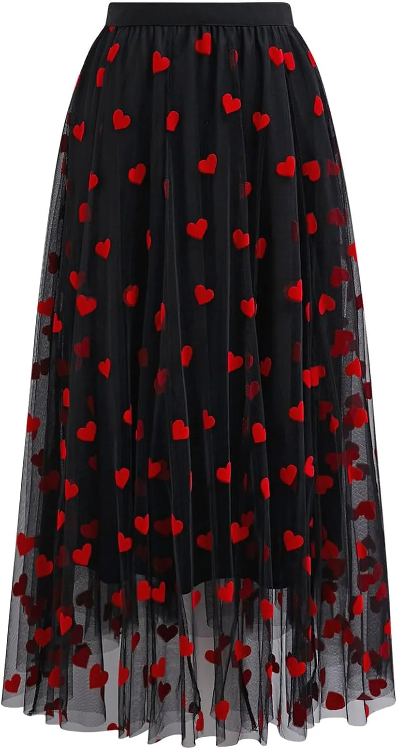CHICWISH Women Valentines 3D Red Heart Print Mesh Tulle Midi Skirt Elastic High Waist A-Line Cute Flowy Holiday Skirt