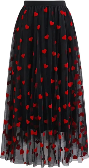 CHICWISH Women Valentines 3D Red Heart Print Mesh Tulle Midi Skirt Elastic High Waist A-Line Cute Flowy Holiday Skirt