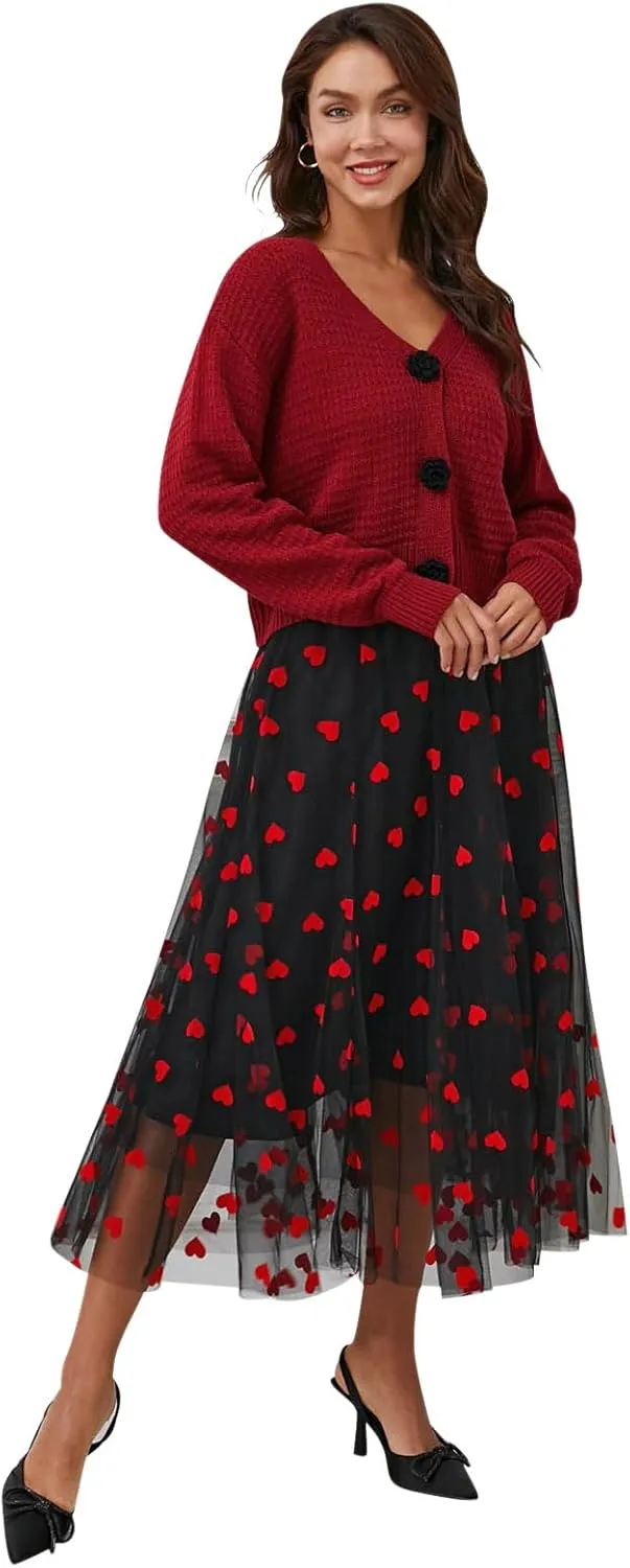 CHICWISH Women Valentines 3D Red Heart Print Mesh Tulle Midi Skirt Elastic High Waist A-Line Cute Flowy Holiday Skirt