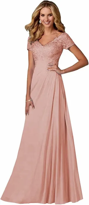 Chiffon Plus Size Mother of The Bride Dresses Long Laces Appliques V-Neck Short Sleeve Mother of The Groom Dress A-Line