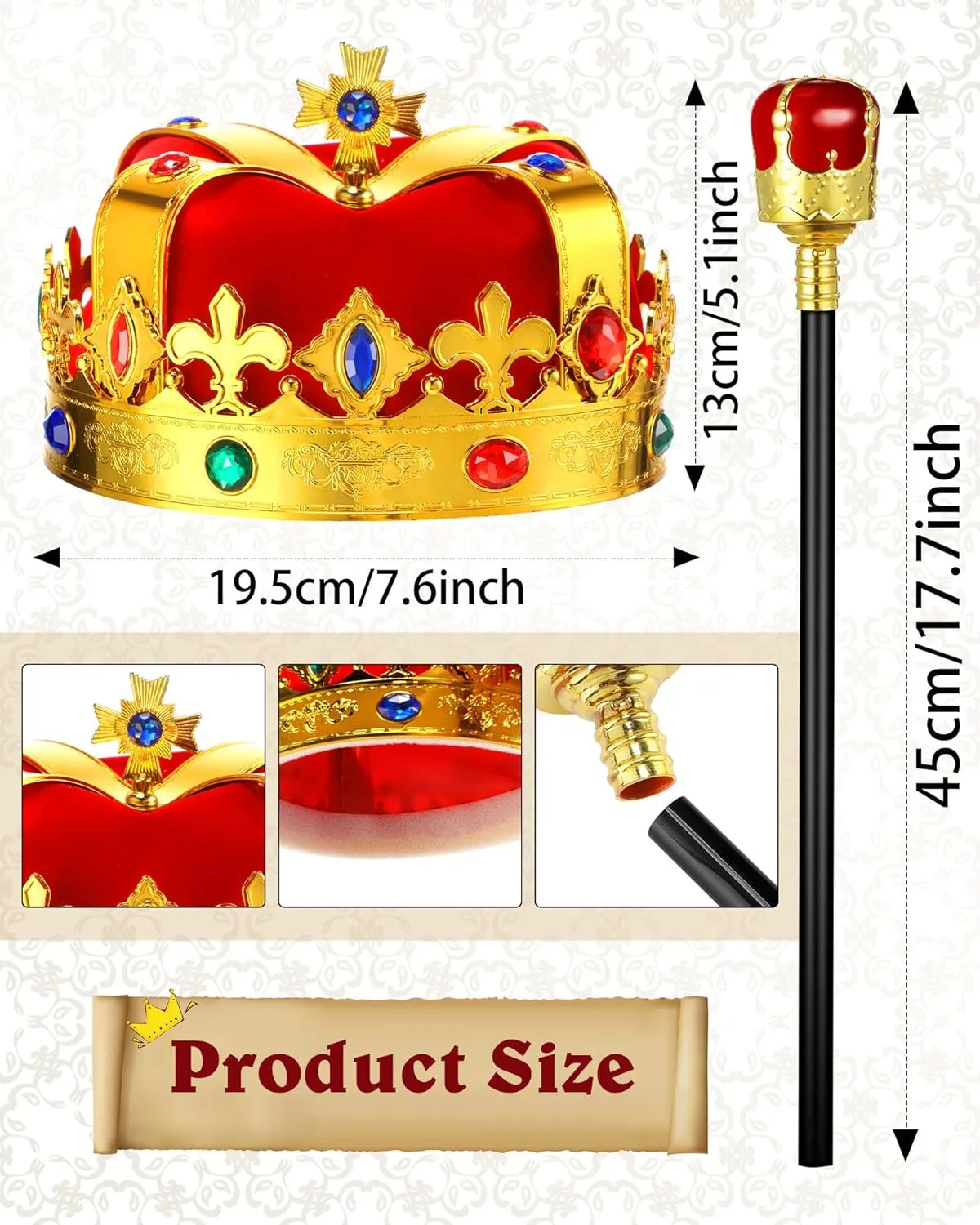 Cindeer 3 Pcs Kid Adult Emperor Cape Costume Set Men Medieval Emperor Robe Cape Regal Crown Scepter for Carnival Cosplay