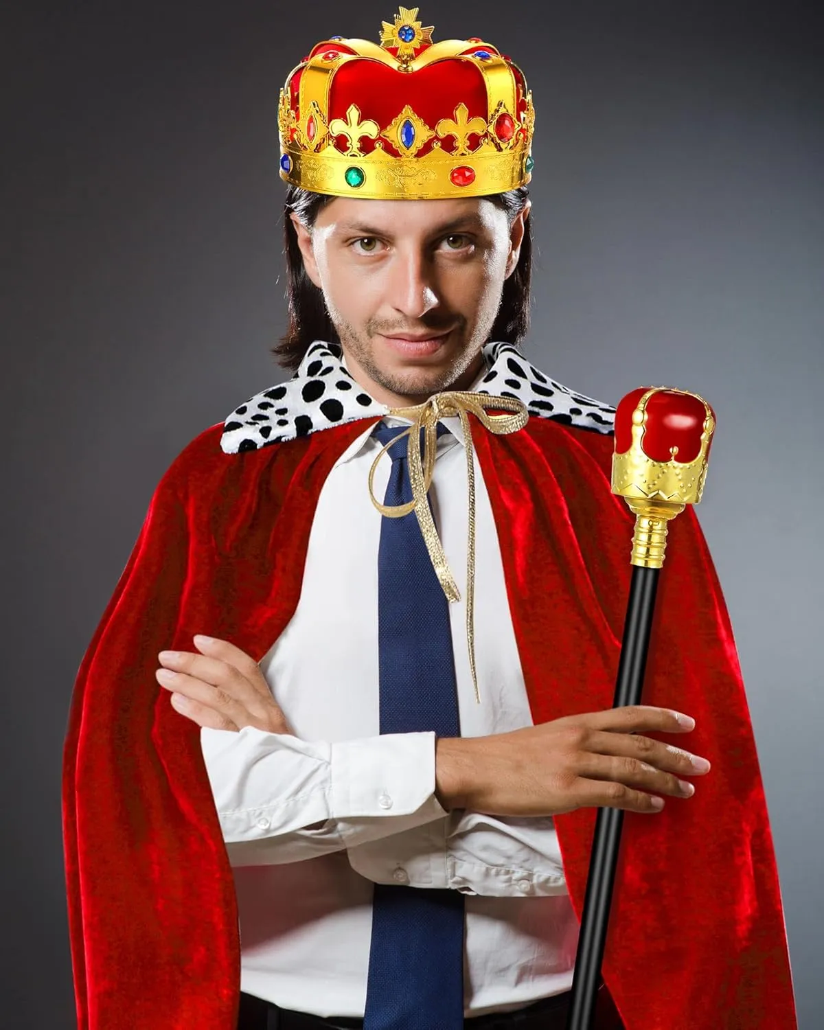 Cindeer 3 Pcs Kid Adult Emperor Cape Costume Set Men Medieval Emperor Robe Cape Regal Crown Scepter for Carnival Cosplay