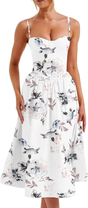 Corset Dress for Women 2024 Formal Spaghetti Strap Bustier Midi Dresses Flowy Pleated Hem Corset Sundress