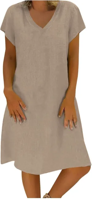 Cotton Linen Dresses for Women, 2024 Summer Casual Short Sleeve Midi Dress,Trendy V Neck Beach Sundresses