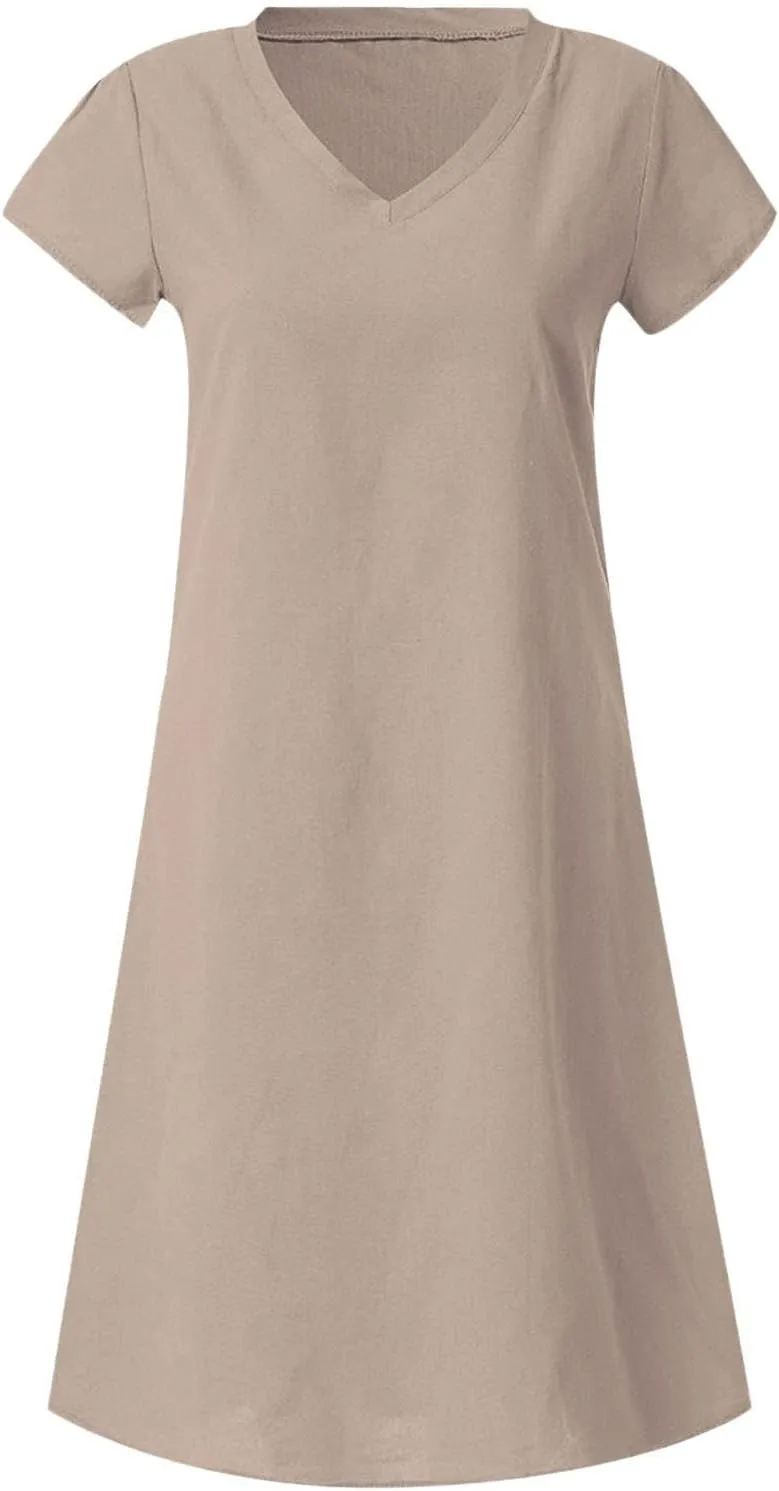 Cotton Linen Dresses for Women, 2024 Summer Casual Short Sleeve Midi Dress,Trendy V Neck Beach Sundresses