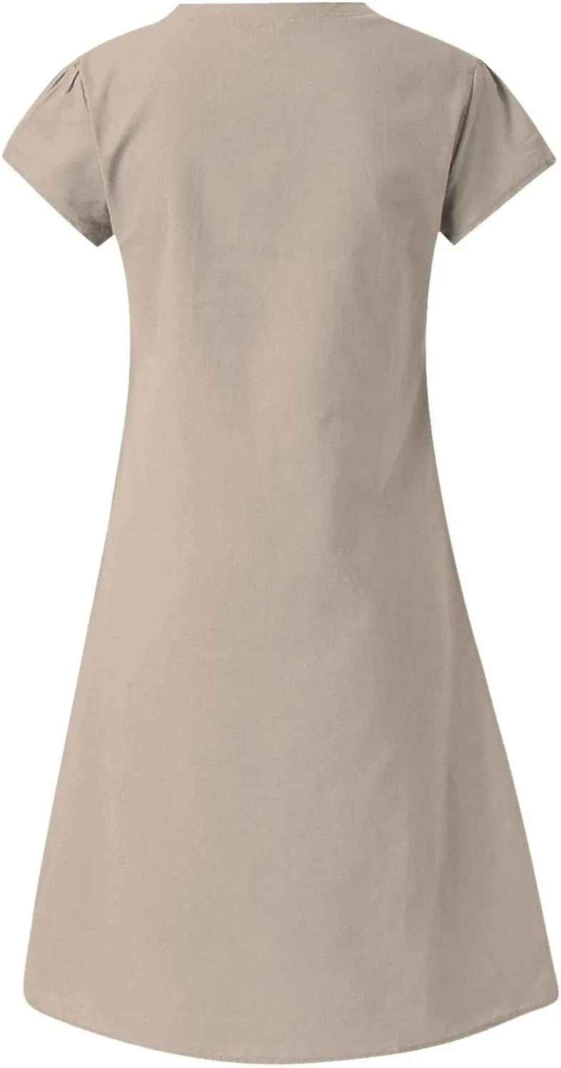 Cotton Linen Dresses for Women, 2024 Summer Casual Short Sleeve Midi Dress,Trendy V Neck Beach Sundresses