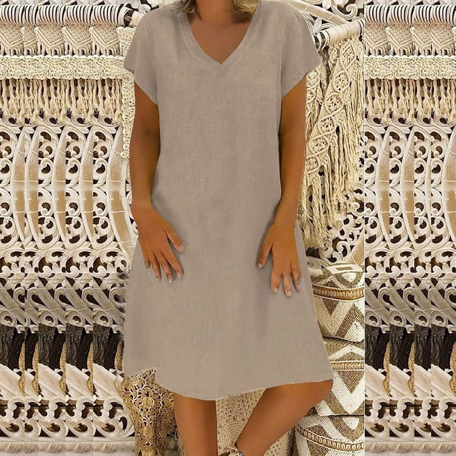 Cotton Linen Dresses for Women, 2024 Summer Casual Short Sleeve Midi Dress,Trendy V Neck Beach Sundresses