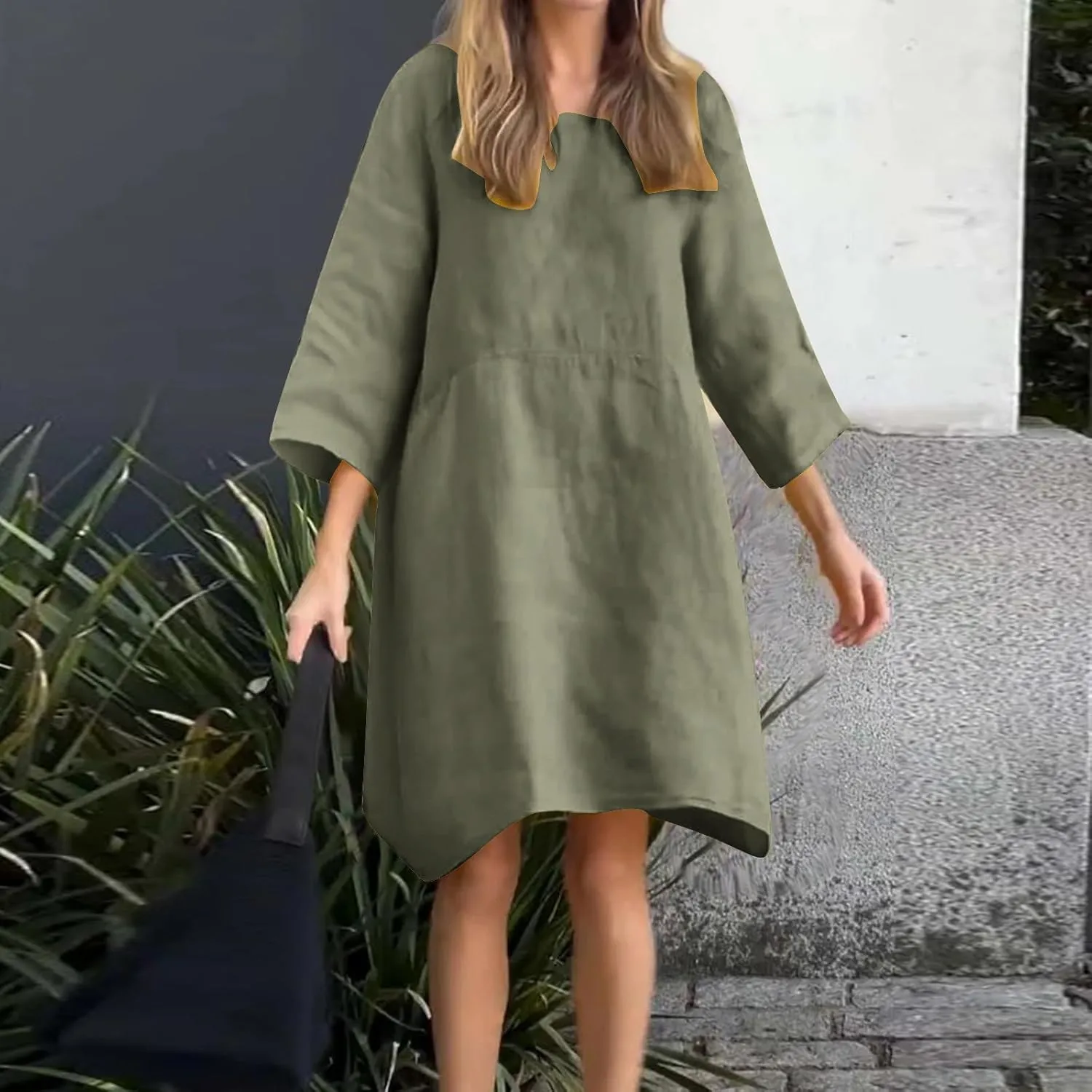 Cotton Linen Midi Dress for Women Casual 3/4 Sleeve Crew Neck Shift Dress Knee Length Loose Solid Dresses Plus Size