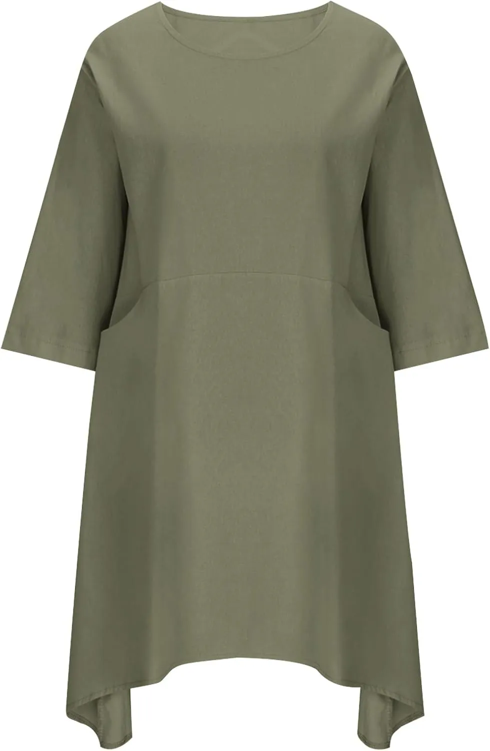 Cotton Linen Midi Dress for Women Casual 3/4 Sleeve Crew Neck Shift Dress Knee Length Loose Solid Dresses Plus Size
