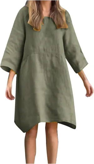 Cotton Linen Midi Dress for Women Casual 3/4 Sleeve Crew Neck Shift Dress Knee Length Loose Solid Dresses Plus Size