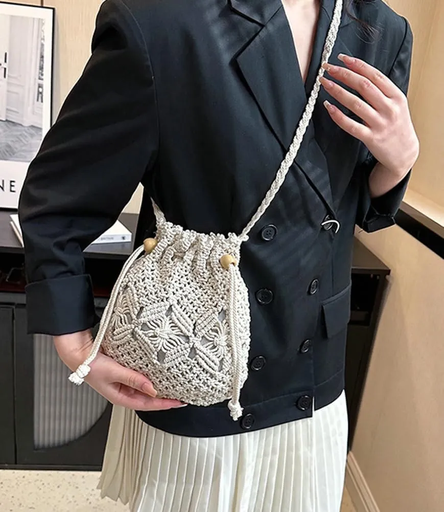 Cotton Rope Bucket Bag for Women Shoulder Bag Summer Beach Bag Tote Trendy Handbag Satchel for Vacation Travel