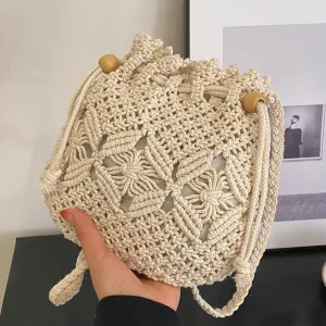Cotton Rope Bucket Bag for Women Shoulder Bag Summer Beach Bag Tote Trendy Handbag Satchel for Vacation Travel