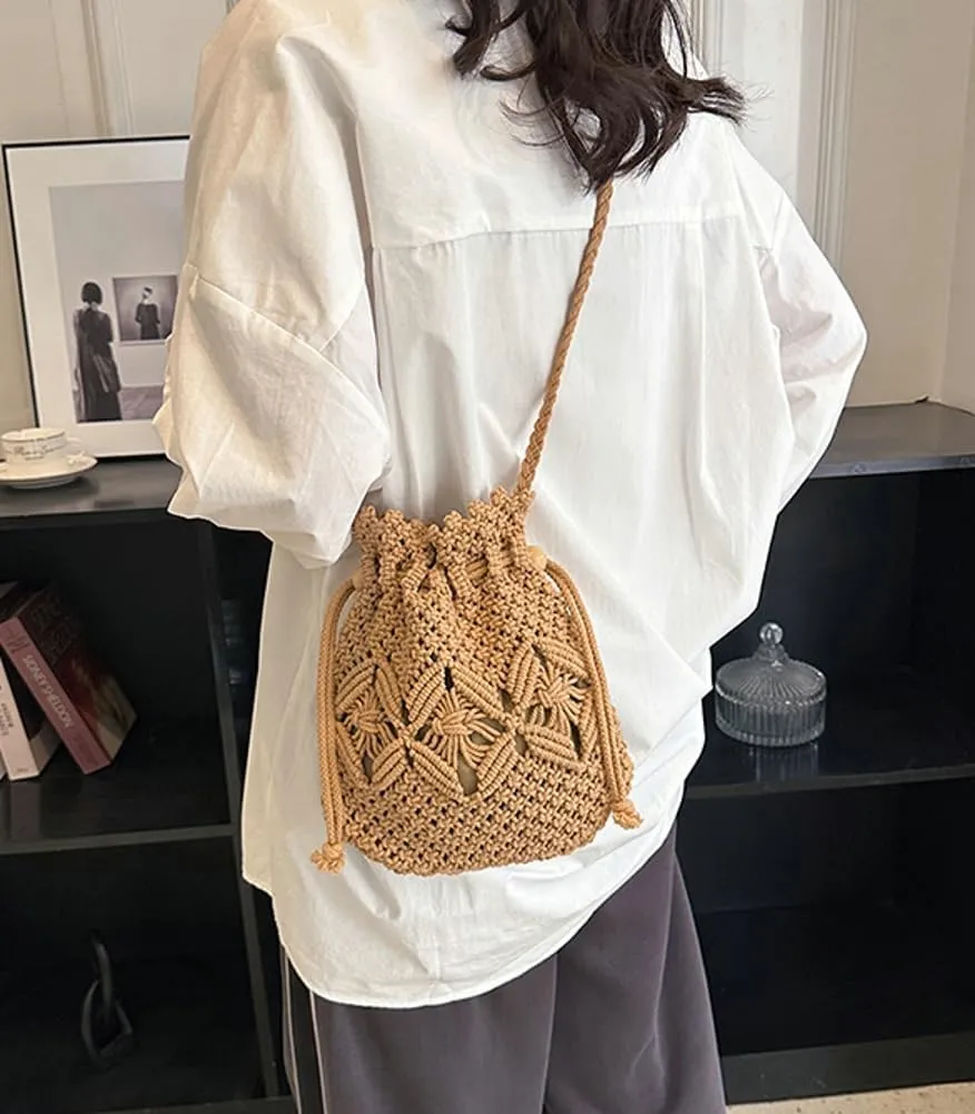 Cotton Rope Bucket Bag for Women Shoulder Bag Summer Beach Bag Tote Trendy Handbag Satchel for Vacation Travel