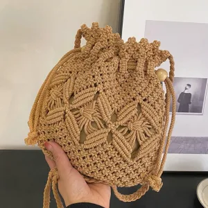 Cotton Rope Bucket Bag for Women Shoulder Bag Summer Beach Bag Tote Trendy Handbag Satchel for Vacation Travel