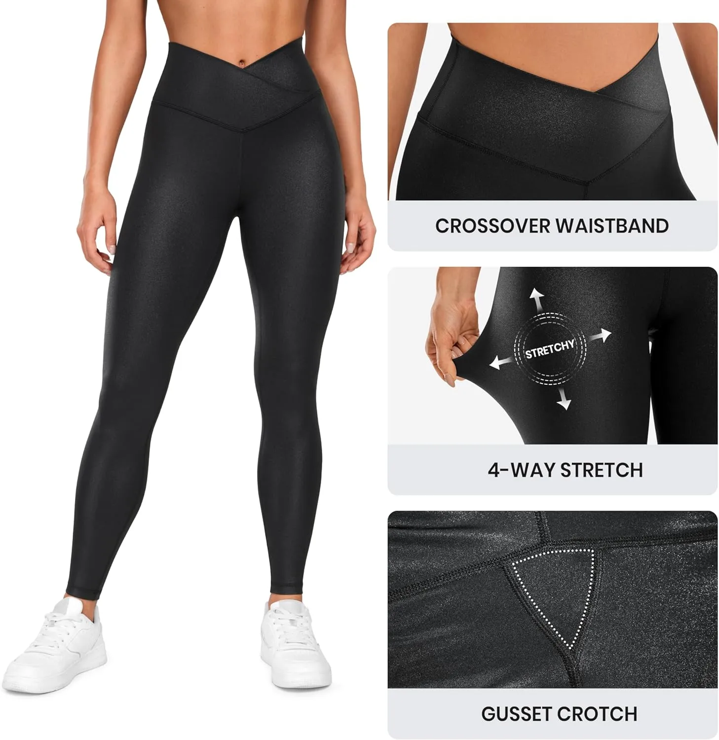 CRZ YOGA Womens Butterluxe Matte Faux Leather Cross Waist Leggings 28" - V Crossover High Waisted Lounge