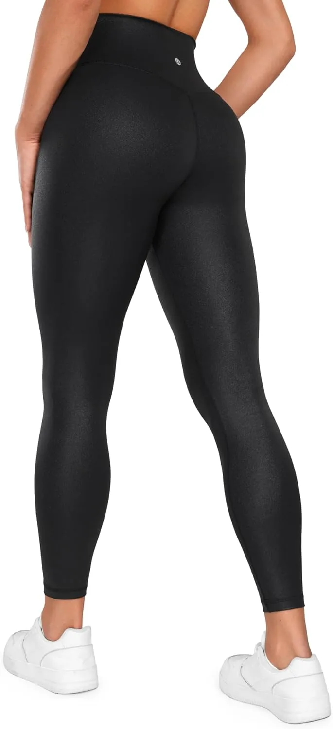 CRZ YOGA Womens Butterluxe Matte Faux Leather Cross Waist Leggings 28" - V Crossover High Waisted Lounge