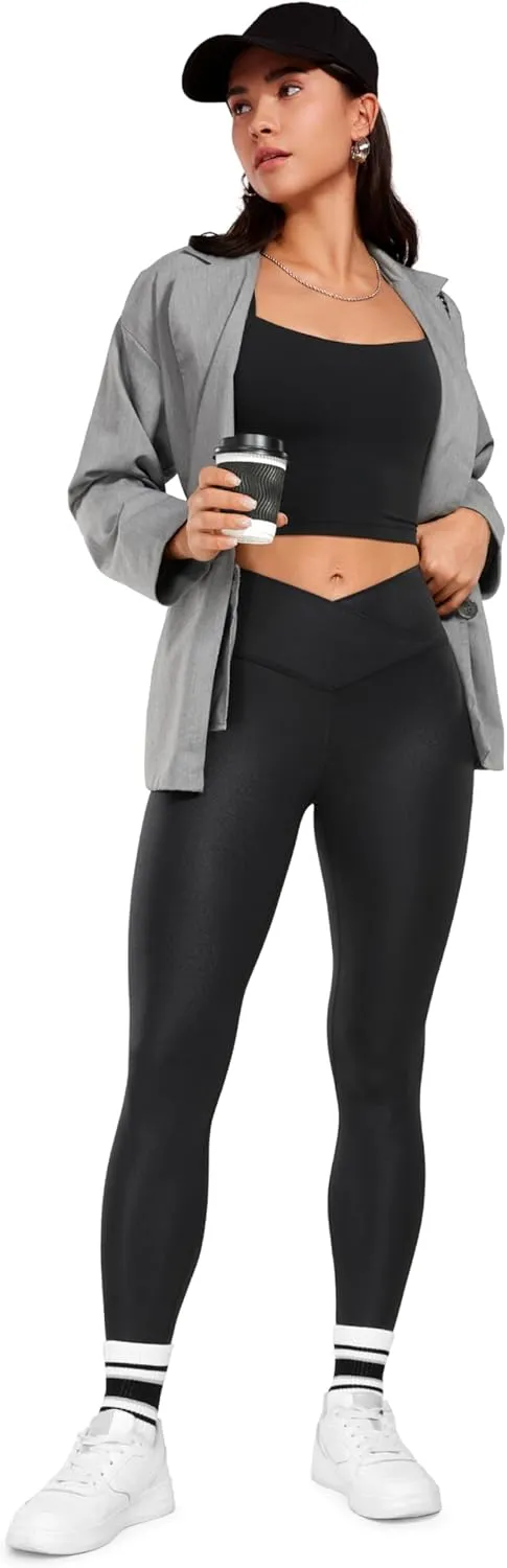 CRZ YOGA Womens Butterluxe Matte Faux Leather Cross Waist Leggings 28" - V Crossover High Waisted Lounge