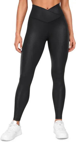 CRZ YOGA Womens Butterluxe Matte Faux Leather Cross Waist Leggings 28" - V Crossover High Waisted Lounge