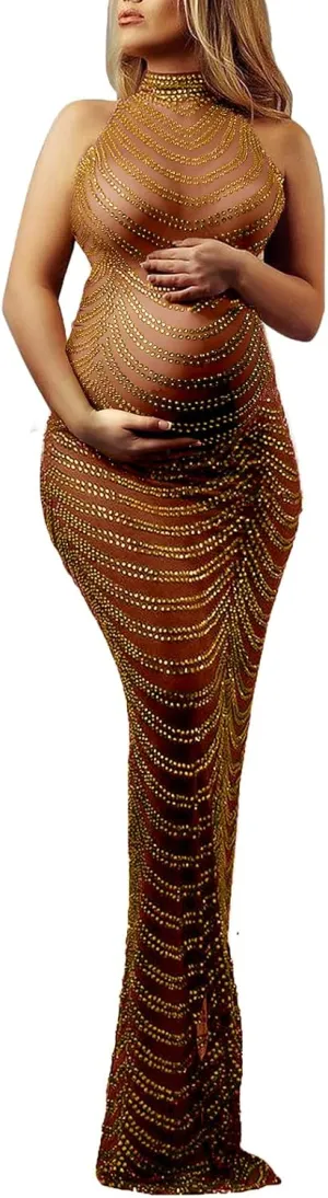 Dedysler Maternity Photography Gown Sleeveless Sexy Shiny Rhinestone Photoshoot Dress for Baby Shower