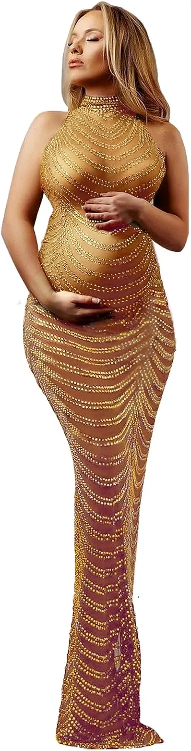 Dedysler Maternity Photography Gown Sleeveless Sexy Shiny Rhinestone Photoshoot Dress for Baby Shower