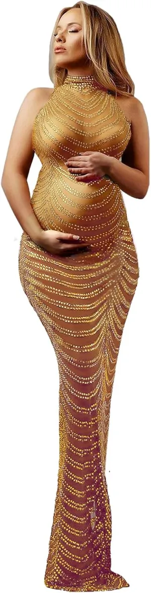Dedysler Maternity Photography Gown Sleeveless Sexy Shiny Rhinestone Photoshoot Dress for Baby Shower