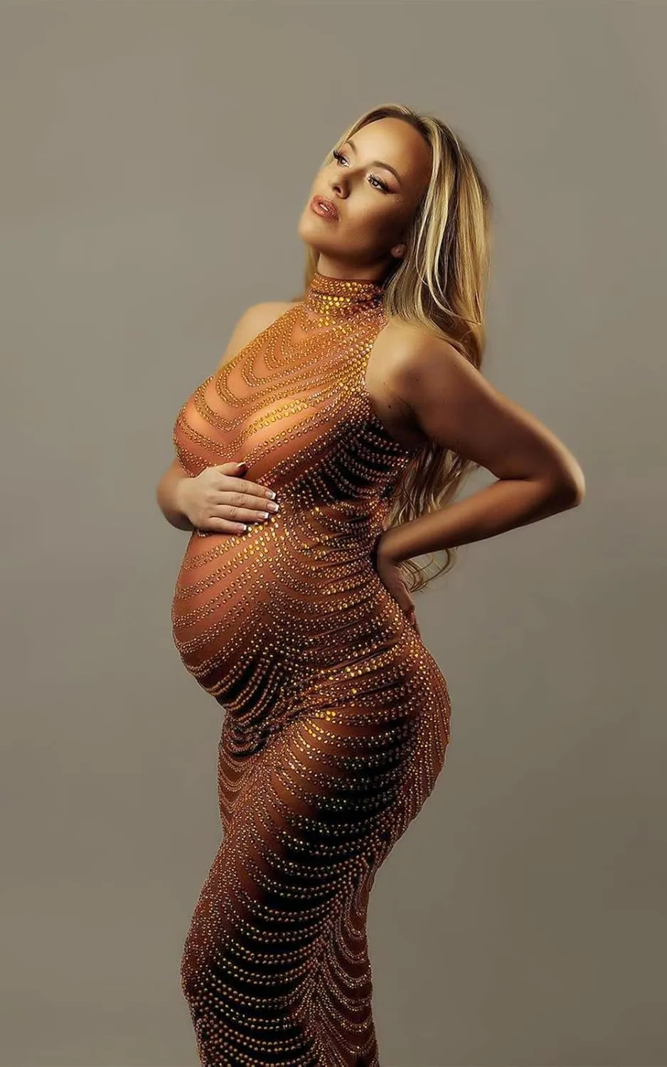 Dedysler Maternity Photography Gown Sleeveless Sexy Shiny Rhinestone Photoshoot Dress for Baby Shower