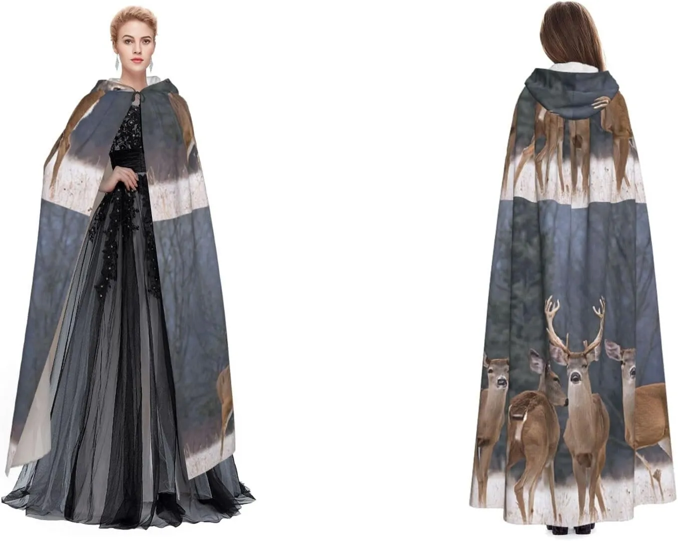 (Deers Picture) Adult Full Length Hooded Cape Mystic Hooded Cloak For Halloween Party Christmas Cosplay Costume