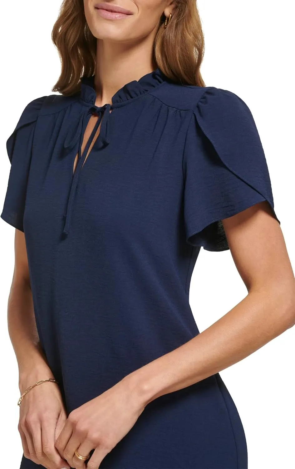 DKNY womens Front Tie Ruffle Neckline Trapeze Dress