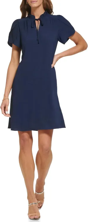 DKNY womens Front Tie Ruffle Neckline Trapeze Dress