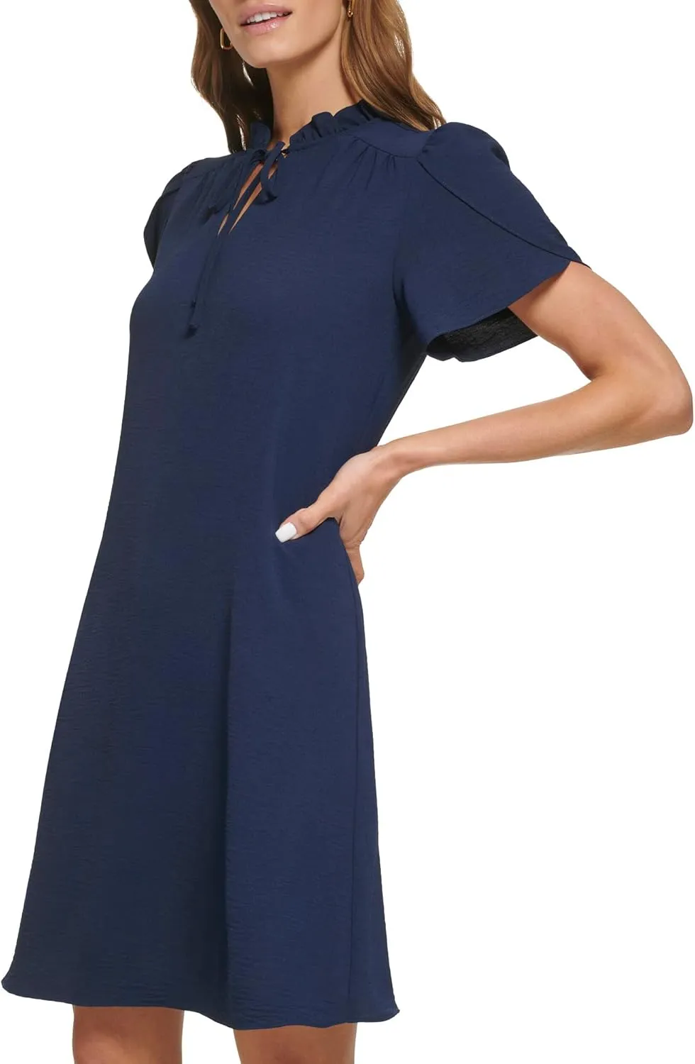 DKNY womens Front Tie Ruffle Neckline Trapeze Dress