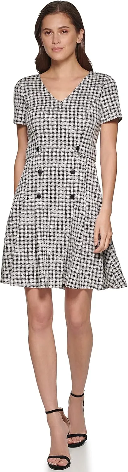 DKNY womens Short Sleeve V-neck Double Button Fit and Flare Dress