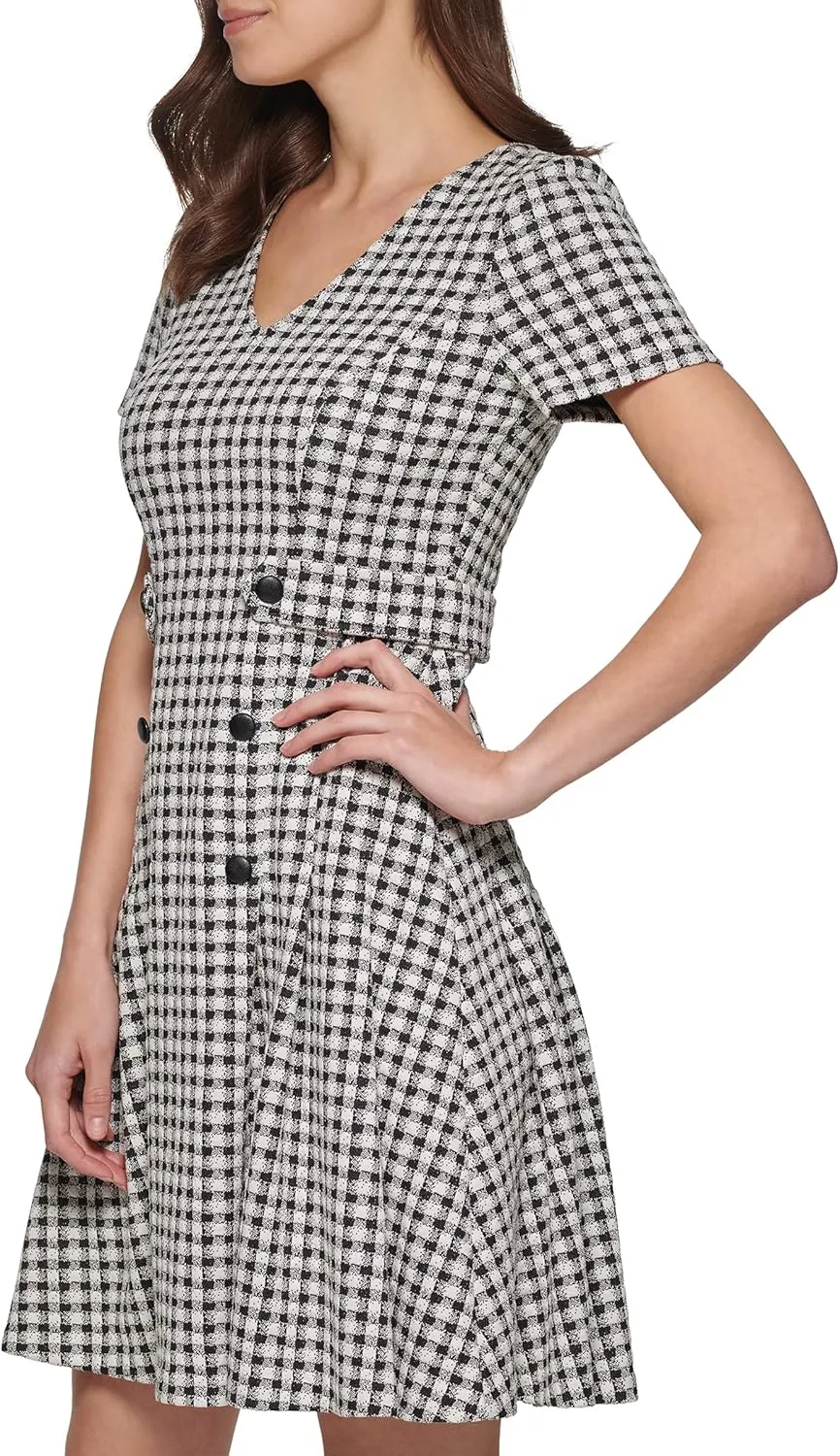 DKNY womens Short Sleeve V-neck Double Button Fit and Flare Dress