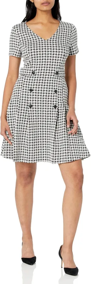 DKNY womens Short Sleeve V-neck Double Button Fit and Flare Dress