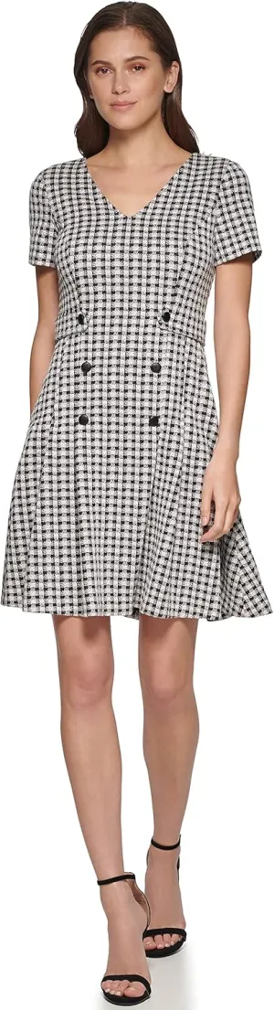 DKNY womens Short Sleeve V-neck Double Button Fit and Flare Dress