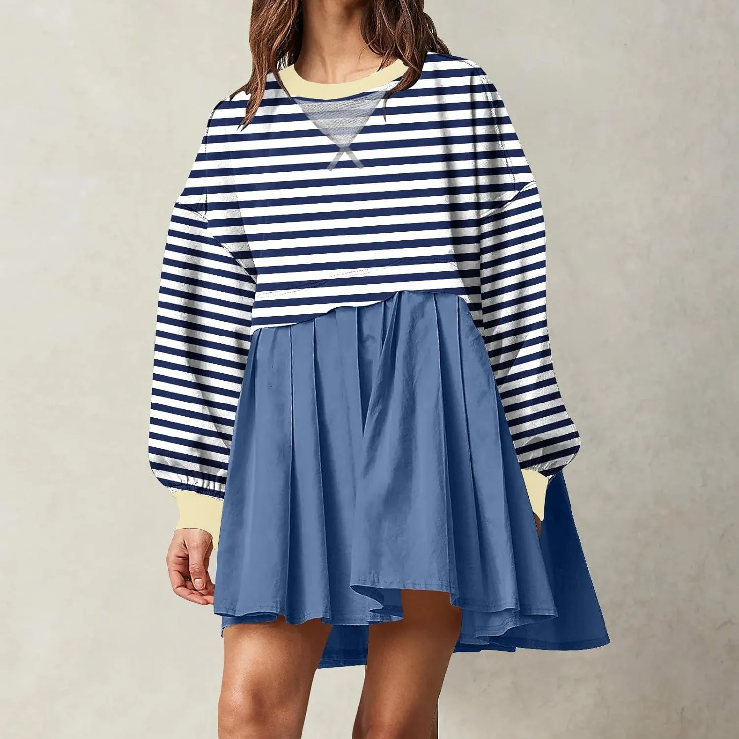 Dresses for Women 2024 Trendy Patchwork Striped Causal Long Sleeve Crewneck Sweatshirt Dress Cute Ruffle Mini Dress
