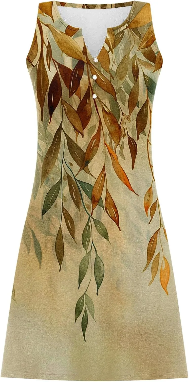 Dresses for Women Casual Summer V Neck Sleeveless Plus Size Dresses Loose Tank Sundresses Floral Retro Midi Dress