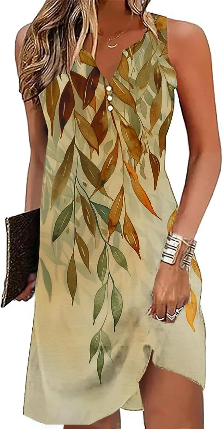 Dresses for Women Casual Summer V Neck Sleeveless Plus Size Dresses Loose Tank Sundresses Floral Retro Midi Dress