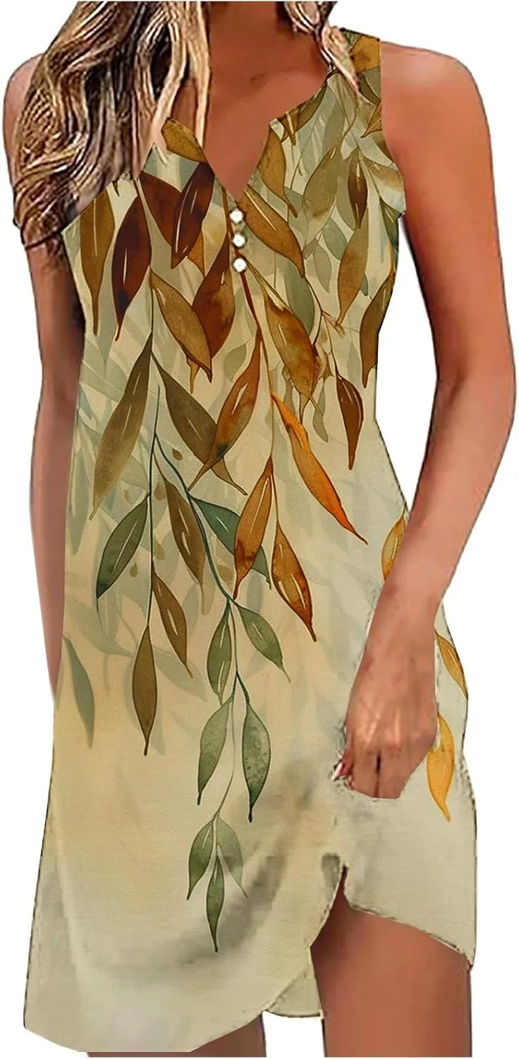 Dresses for Women Casual Summer V Neck Sleeveless Plus Size Dresses Loose Tank Sundresses Floral Retro Midi Dress