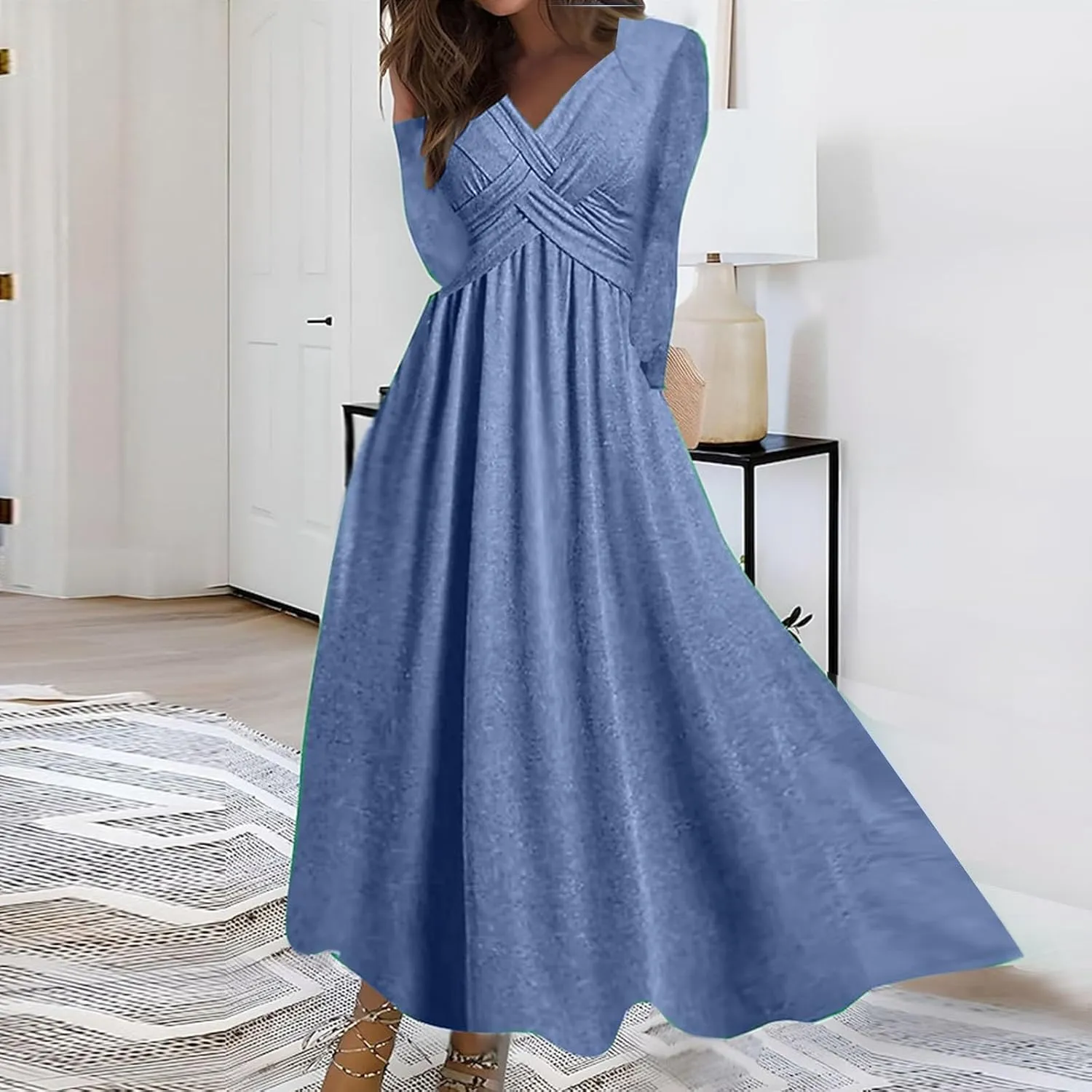Dresses for Women Crisscross Twist Front V Neck Casual Short Sleeve Maxi Dress Pleated Beach Smocked Wedding Dress