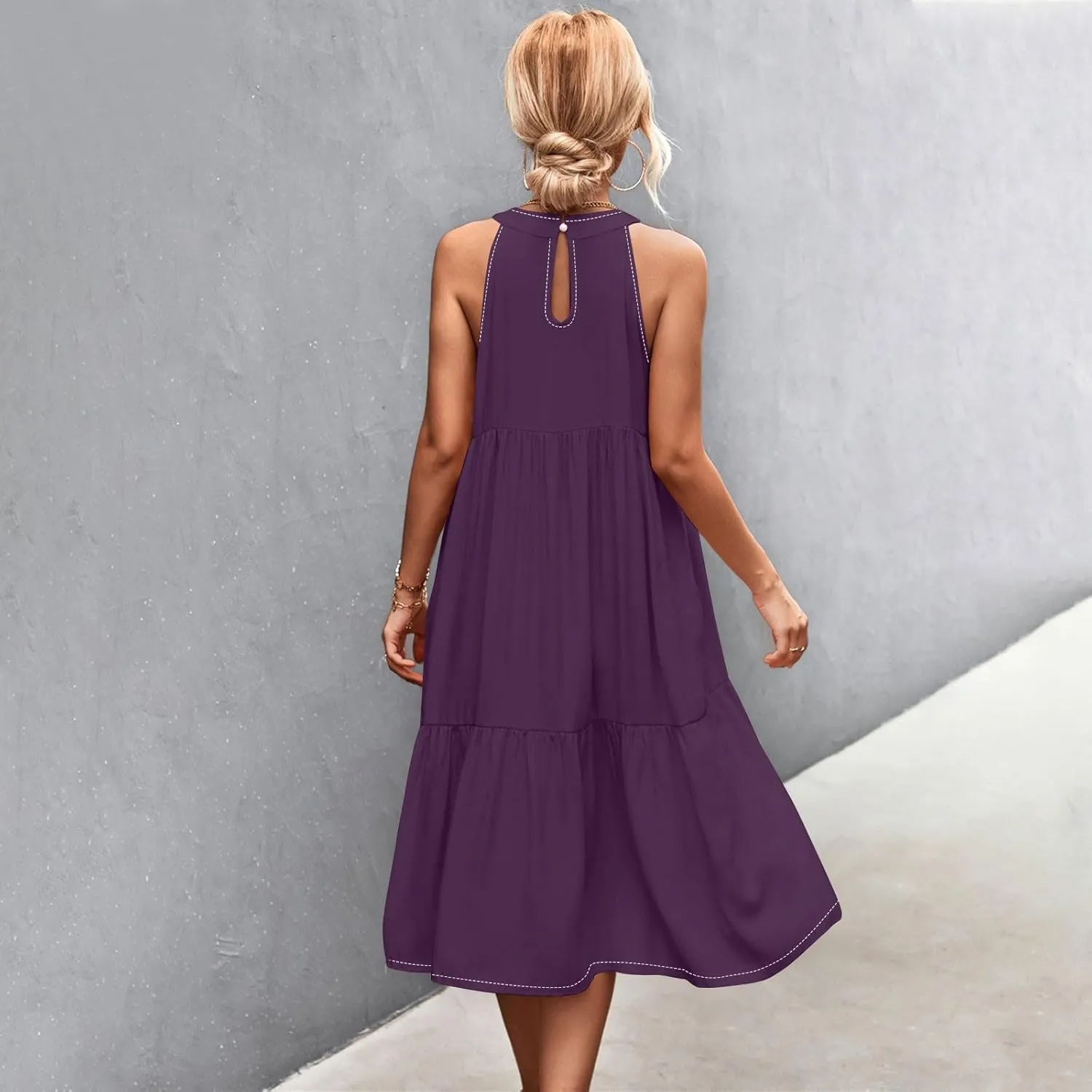 Easter Dress for Women Summer Dresses with Sleeves High Waisted Loose Swing Solid Color Patchwork