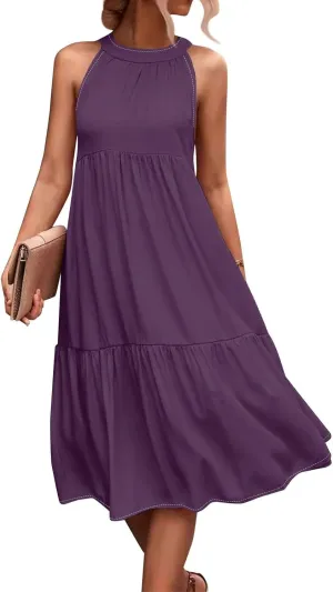 Easter Dress for Women Summer Dresses with Sleeves High Waisted Loose Swing Solid Color Patchwork
