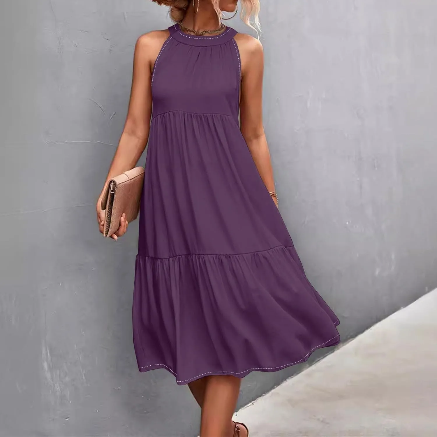 Easter Dress for Women Summer Dresses with Sleeves High Waisted Loose Swing Solid Color Patchwork